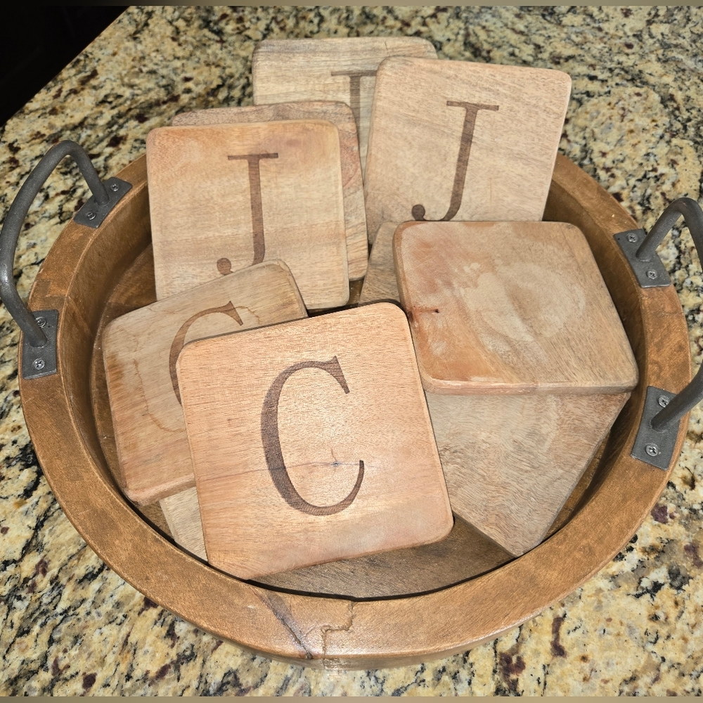 Round Wooden Serving Tray with Handles And 11 Coasters